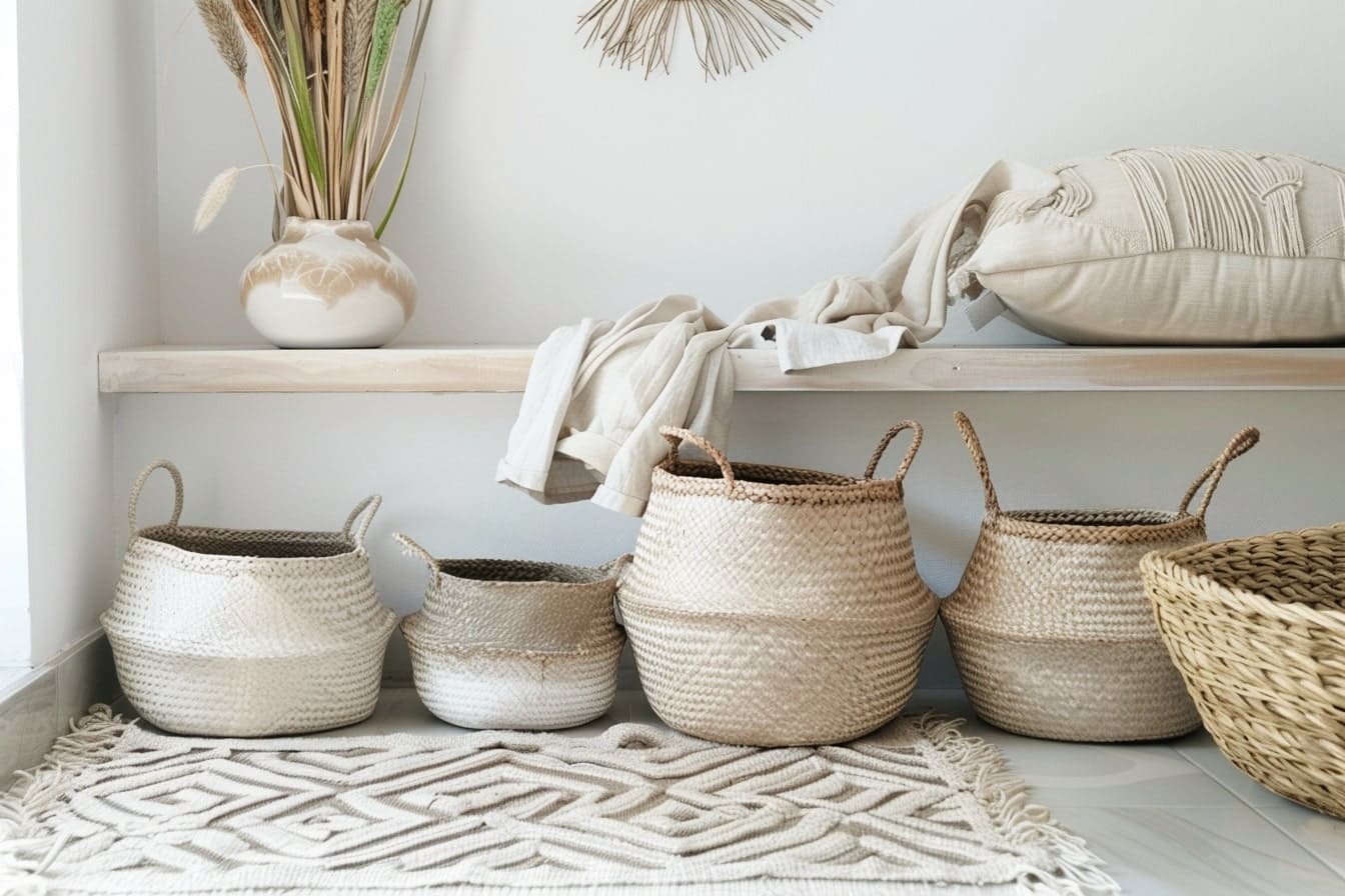 Flur mit Sitzbank und Aufbewahrungskörbe Boho Stil