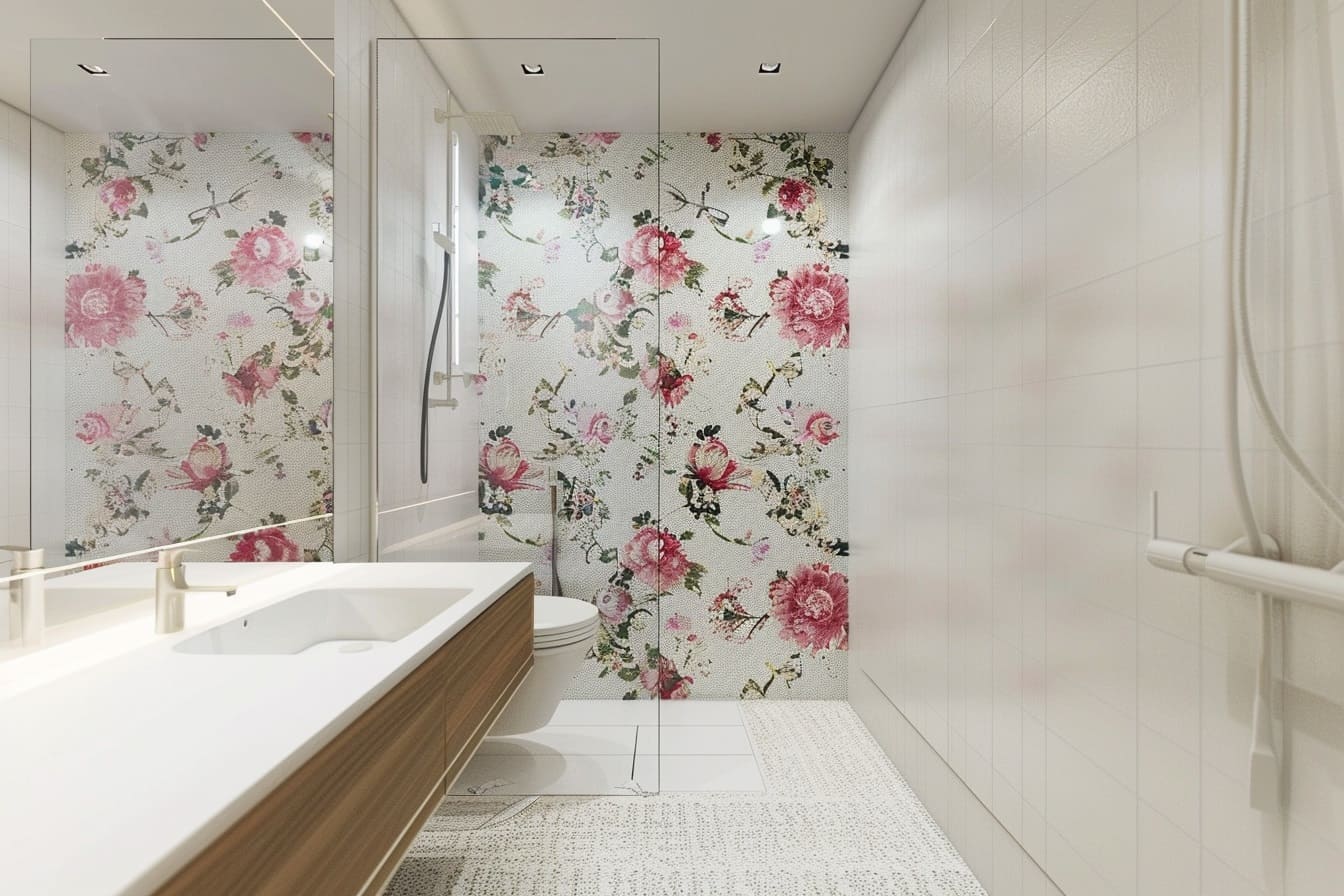 Dusche mit floralen Retro Fliesen