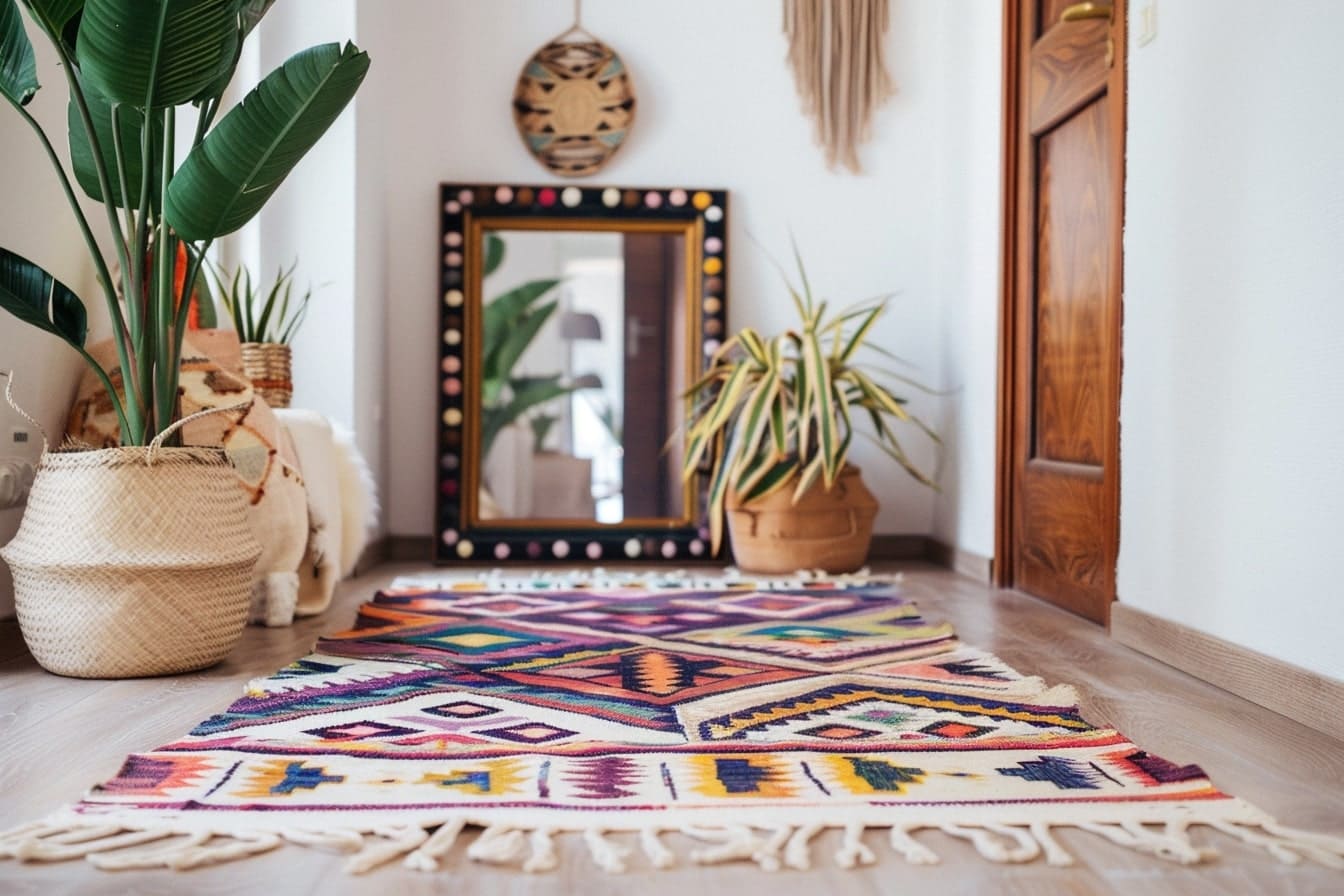 Flur im Boho Stil mit Teppich und Spiegel